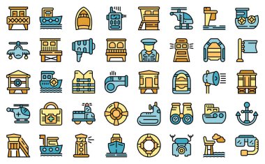 Sahil Güvenlik ikonları ana hat vektörünü ayarlayın. Dron denizi. Sahil güvenlik ince çizgi beyazı düz