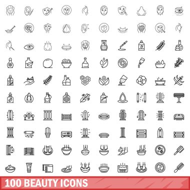 100 güzellik simgesi belirlendi. Beyaz arkaplanda izole edilmiş 100 güzellik simgesi vektörünün taslağı
