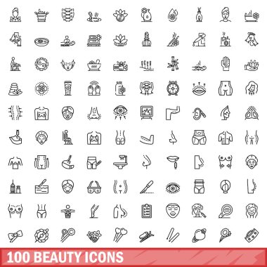 100 güzellik simgesi belirlendi. Beyaz arkaplanda izole edilmiş 100 güzellik simgesi vektörünün taslağı