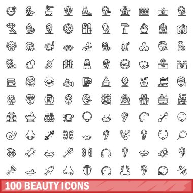 100 güzellik simgesi belirlendi. Beyaz arkaplanda izole edilmiş 100 güzellik simgesi vektörünün taslağı