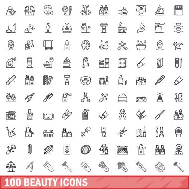 100 güzellik simgesi belirlendi. Beyaz arkaplanda izole edilmiş 100 güzellik simgesi vektörünün taslağı