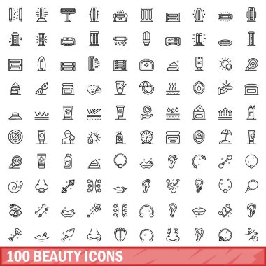 100 güzellik simgesi belirlendi. Beyaz arkaplanda izole edilmiş 100 güzellik simgesi vektörünün taslağı