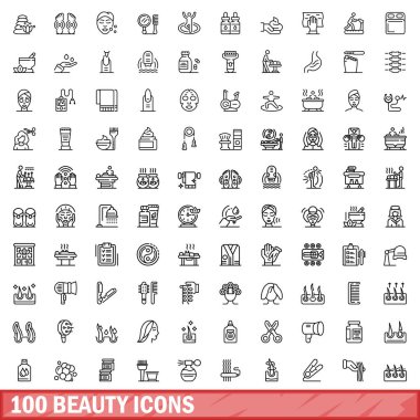 100 güzellik simgesi belirlendi. Beyaz arkaplanda izole edilmiş 100 güzellik simgesi vektörünün taslağı