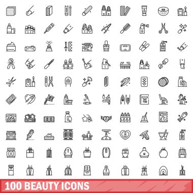 100 güzellik simgesi belirlendi. Beyaz arkaplanda izole edilmiş 100 güzellik simgesi vektörünün taslağı