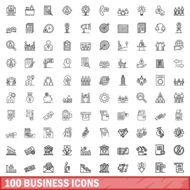 100 iş simgesi hazır. Beyaz arkaplanda izole edilmiş 100 iş simgesi vektörünün taslağı