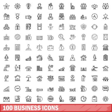 100 iş simgesi hazır. Beyaz arkaplanda izole edilmiş 100 iş simgesi vektörünün taslağı