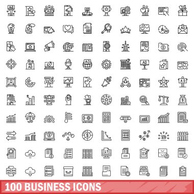 100 iş simgesi hazır. Beyaz arkaplanda izole edilmiş 100 iş simgesi vektörünün taslağı