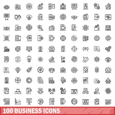 100 iş simgesi hazır. Beyaz arkaplanda izole edilmiş 100 iş simgesi vektörünün taslağı