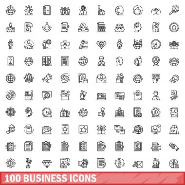 100 iş simgesi hazır. Beyaz arkaplanda izole edilmiş 100 iş simgesi vektörünün taslağı