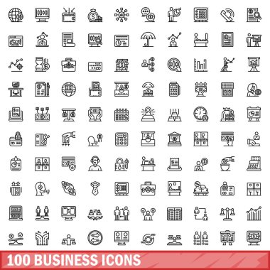 100 iş simgesi hazır. Beyaz arkaplanda izole edilmiş 100 iş simgesi vektörünün taslağı