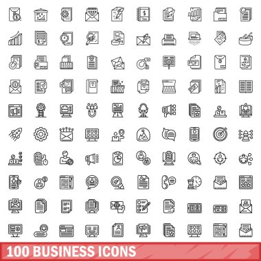 100 iş simgesi hazır. Beyaz arkaplanda izole edilmiş 100 iş simgesi vektörünün taslağı