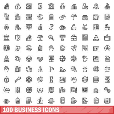 100 iş simgesi hazır. Beyaz arkaplanda izole edilmiş 100 iş simgesi vektörünün taslağı