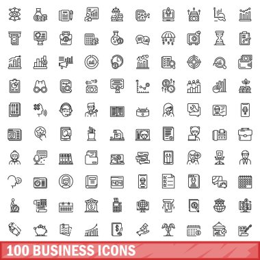 100 iş simgesi hazır. Beyaz arkaplanda izole edilmiş 100 iş simgesi vektörünün taslağı