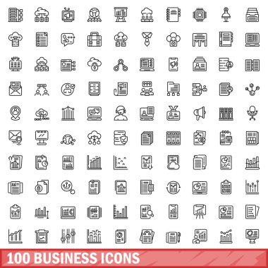 100 iş simgesi hazır. Beyaz arkaplanda izole edilmiş 100 iş simgesi vektörünün taslağı