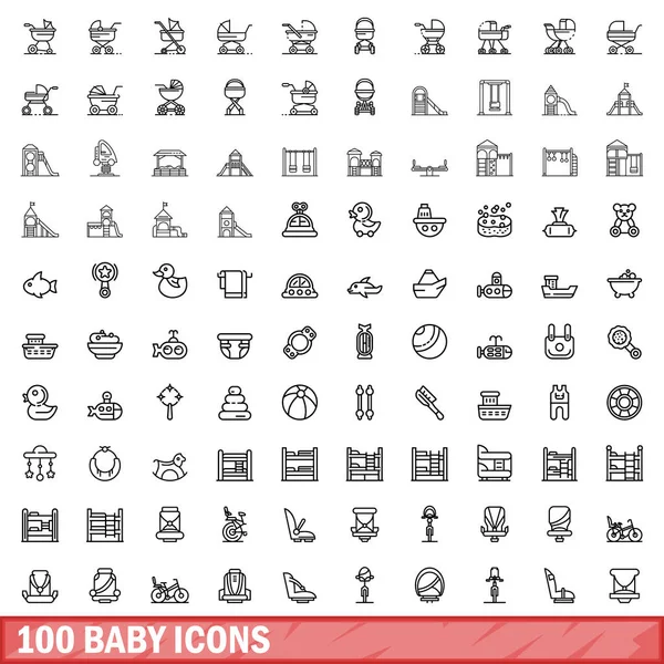 Ensemble 100 Icônes Bébé Illustration Schématique 100 Jeux Vecteurs Icônes — Image vectorielle