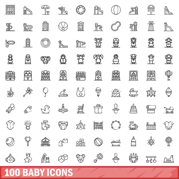 100 Iconos Bebé Esquema Ilustración 100 Iconos Bebé Vector Conjunto — Vector de stock