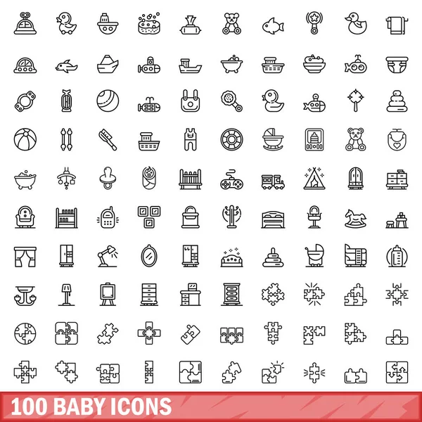 Ensemble 100 Icônes Bébé Illustration Schématique 100 Jeux Vecteurs Icônes — Image vectorielle
