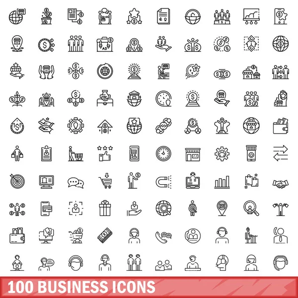 100 Iconos Negocios Esquema Ilustración 100 Iconos Negocios Conjunto Vectores — Vector de stock