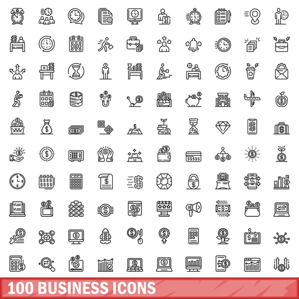 100 Iconos Negocios Esquema Ilustración 100 Iconos Negocios Conjunto Vectores — Vector de stock
