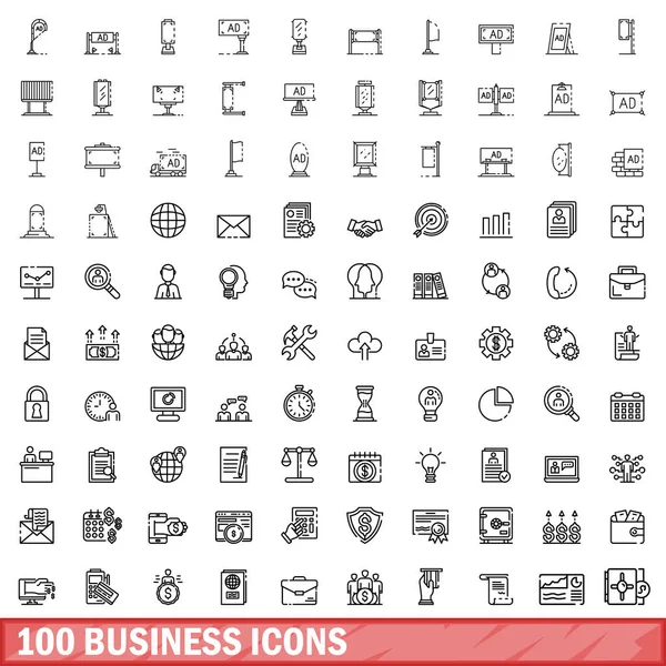 100 Ícones Negócios Definidos Delineamento Ilustração 100 Ícones Negócios Conjunto — Vetor de Stock