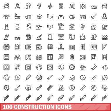 100 inşaat ikonu ayarlandı. Beyaz arkaplanda izole edilmiş 100 yapı ikonu vektörünün taslağı