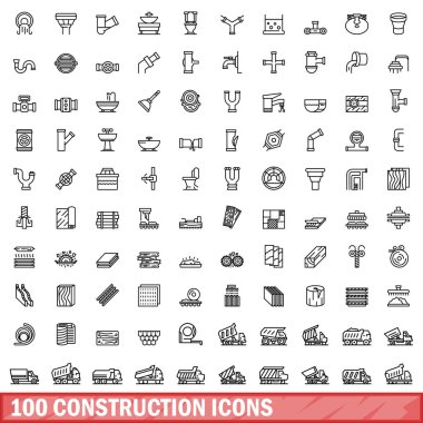 100 inşaat ikonu ayarlandı. Beyaz arkaplanda izole edilmiş 100 yapı ikonu vektörünün taslağı