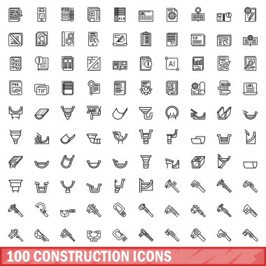100 inşaat ikonu ayarlandı. Beyaz arkaplanda izole edilmiş 100 yapı ikonu vektörünün taslağı