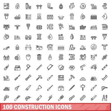 100 inşaat ikonu ayarlandı. Beyaz arkaplanda izole edilmiş 100 yapı ikonu vektörünün taslağı