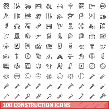 100 inşaat ikonu ayarlandı. Beyaz arkaplanda izole edilmiş 100 yapı ikonu vektörünün taslağı