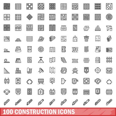 100 inşaat ikonu ayarlandı. Beyaz arkaplanda izole edilmiş 100 yapı ikonu vektörünün taslağı