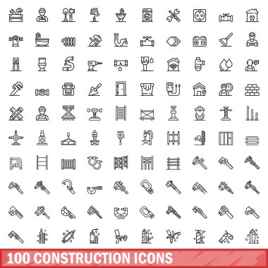 100 inşaat ikonu ayarlandı. Beyaz arkaplanda izole edilmiş 100 yapı ikonu vektörünün taslağı