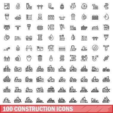100 inşaat ikonu ayarlandı. Beyaz arkaplanda izole edilmiş 100 yapı ikonu vektörünün taslağı