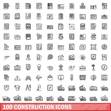 100 inşaat ikonu ayarlandı. Beyaz arkaplanda izole edilmiş 100 yapı ikonu vektörünün taslağı