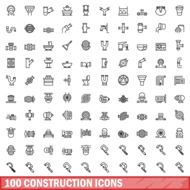 100 inşaat ikonu ayarlandı. Beyaz arkaplanda izole edilmiş 100 yapı ikonu vektörünün taslağı