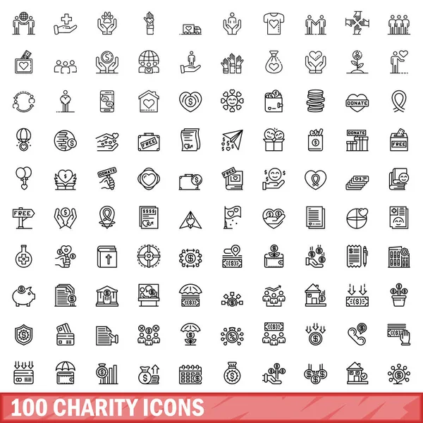 100 Iconos Caridad Establecidos Esquema Ilustración 100 Iconos Caridad Vector — Archivo Imágenes Vectoriales
