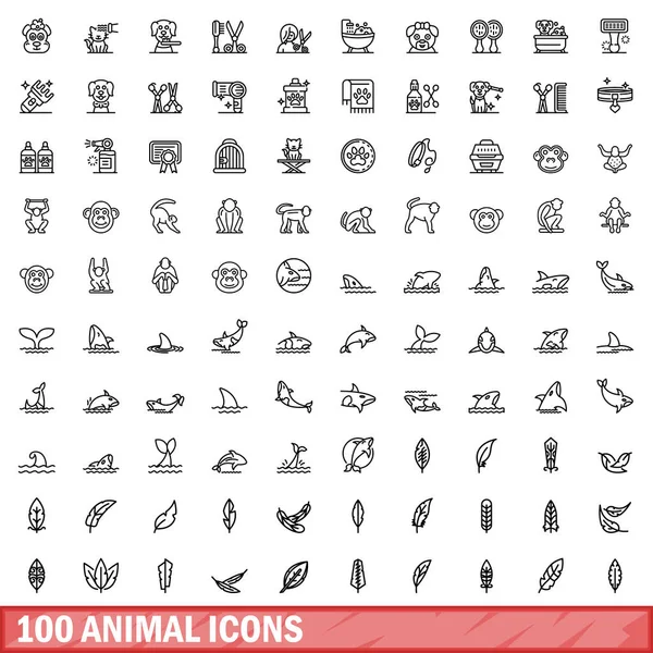Conjunto 100 Iconos Animales Esquema Ilustración 100 Iconos Animales Vector — Vector de stock