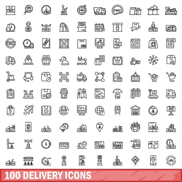 stock vector 100 delivery icons set. Outline illustration of 100 delivery icons vector set isolated on white background