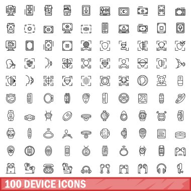 100 aygıt simgesi ayarlandı. Beyaz arkaplanda izole edilmiş 100 aygıt simgesi vektörünün taslak çizimi
