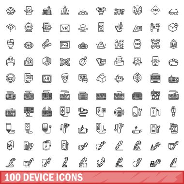 100 aygıt simgesi ayarlandı. Beyaz arkaplanda izole edilmiş 100 aygıt simgesi vektörünün taslak çizimi