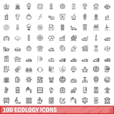 100 ekoloji ikonu ayarlandı. Beyaz arkaplanda izole edilmiş 100 ekoloji ikonu vektörünün taslağı