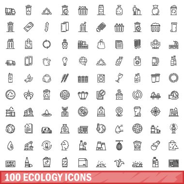 100 ekoloji ikonu ayarlandı. Beyaz arkaplanda izole edilmiş 100 ekoloji ikonu vektörünün taslağı