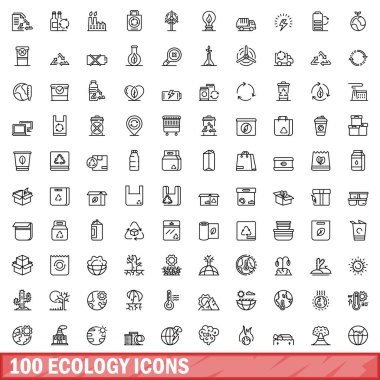 100 ekoloji ikonu ayarlandı. Beyaz arkaplanda izole edilmiş 100 ekoloji ikonu vektörünün taslağı