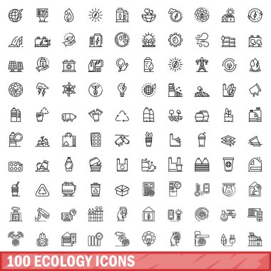 100 ekoloji ikonu ayarlandı. Beyaz arkaplanda izole edilmiş 100 ekoloji ikonu vektörünün taslağı
