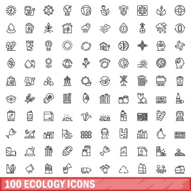 100 ekoloji ikonu ayarlandı. Beyaz arkaplanda izole edilmiş 100 ekoloji ikonu vektörünün taslağı
