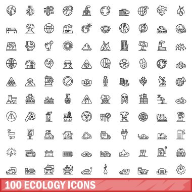 100 ekoloji ikonu ayarlandı. Beyaz arkaplanda izole edilmiş 100 ekoloji ikonu vektörünün taslağı