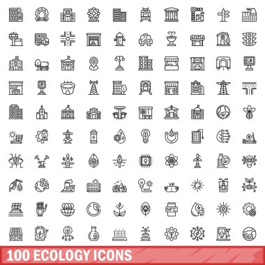 100 ekoloji ikonu ayarlandı. Beyaz arkaplanda izole edilmiş 100 ekoloji ikonu vektörünün taslağı