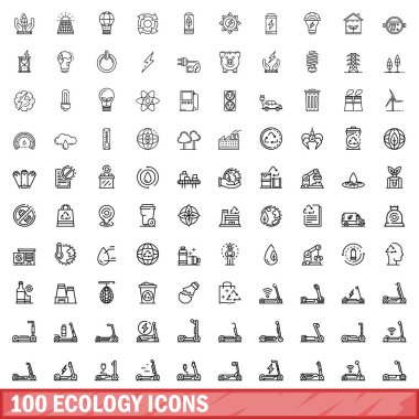100 ekoloji ikonu ayarlandı. Beyaz arkaplanda izole edilmiş 100 ekoloji ikonu vektörünün taslağı
