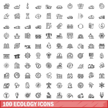 100 ekoloji ikonu ayarlandı. Beyaz arkaplanda izole edilmiş 100 ekoloji ikonu vektörünün taslağı