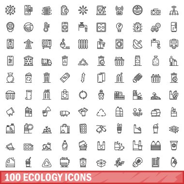 100 ekoloji ikonu ayarlandı. Beyaz arkaplanda izole edilmiş 100 ekoloji ikonu vektörünün taslağı