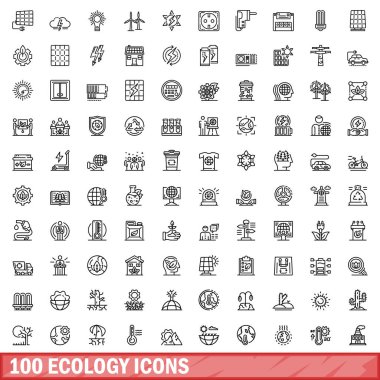 100 ekoloji ikonu ayarlandı. Beyaz arkaplanda izole edilmiş 100 ekoloji ikonu vektörünün taslağı